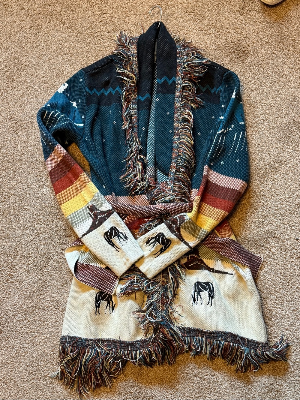 Idyllwind Teal Multicolor Fringe Southwestern Cardigan Sweater